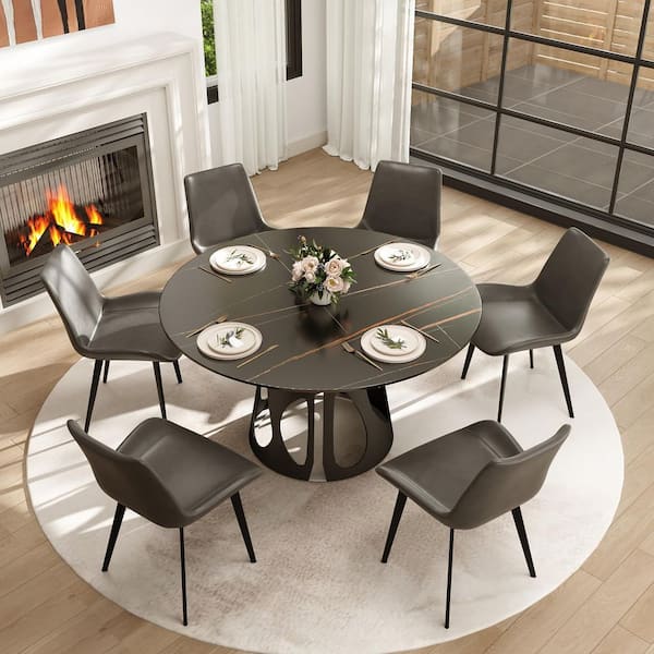 53 in. Black Round Sintered Stone Tabletop with Black Metal Pedestal Base Dining Table (Seats 6)