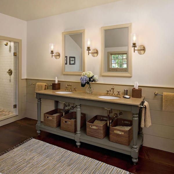 (Set of 2) 7.4 in. 1-Light Brass Modern Bath Wall Sconce with Clear Sturdy Glass Shade (Bulbs Not Included)