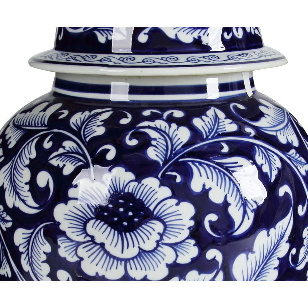 Blue and White Porcelain Floral Ginger Jar with Lid, 18"