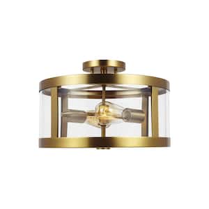 Harrow 15 in. 2-Light Burnished Brass Semi-Flush Mount with Clear Glass Shade