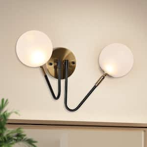 Fullur 2-Light Adjustable Matte Brass Gold Wall Sconce Modern Black Integrated LED Frosted Glass Bathroom Vanity Lights