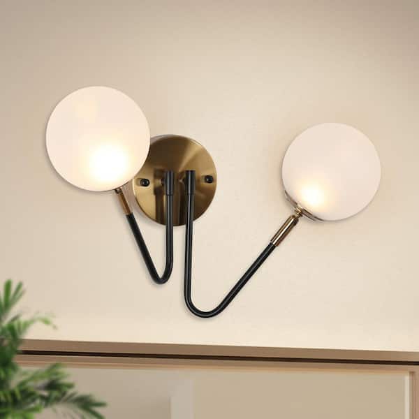 Zevni Fullur 2-Light Adjustable Matte Brass Gold Wall Sconce Modern Black Integrated LED Frosted Glass Bathroom Vanity Lights