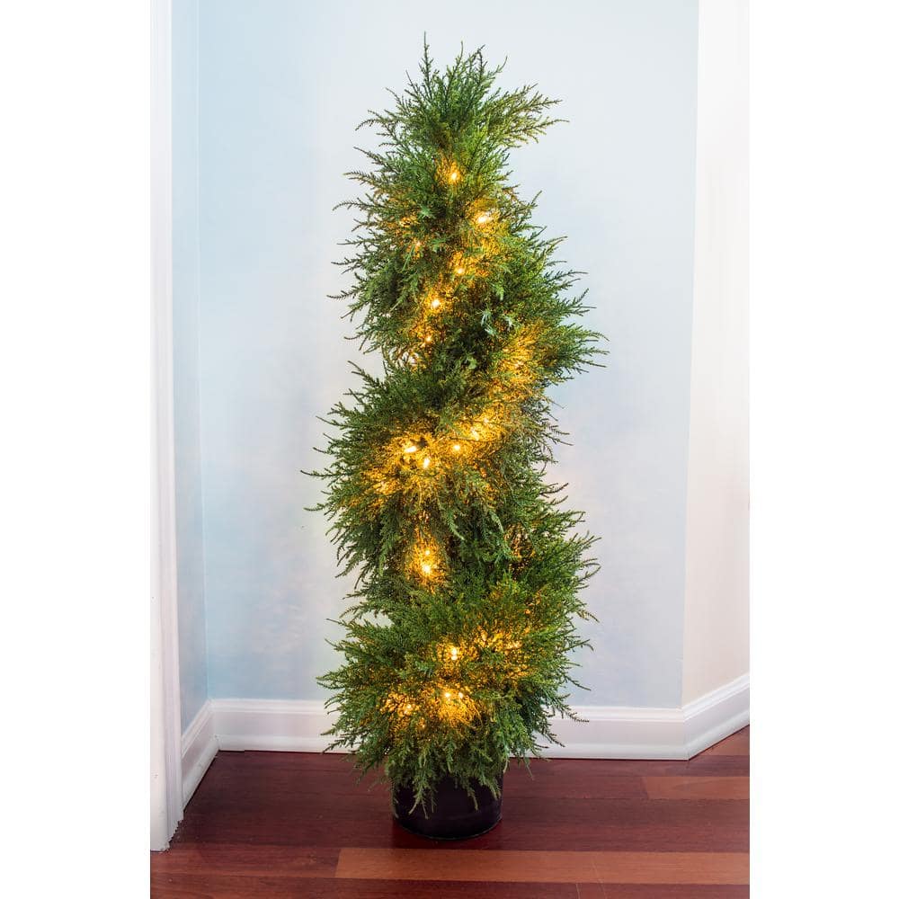 Elegant 40" Cedar Spiral Topiary with Built-in Lights, Potted