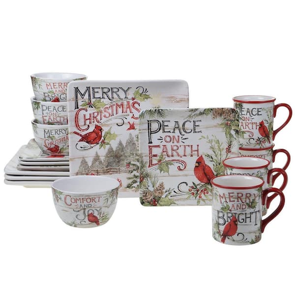 Evergreen Christmas 16-Piece Multicolored Earthenware Dinnerware Set (Service for 4)