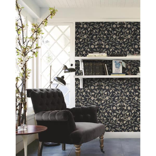 Jasmine Midnight Black Metallic Pre-pasted Paper Wallpaper 60.75 sq. ft
