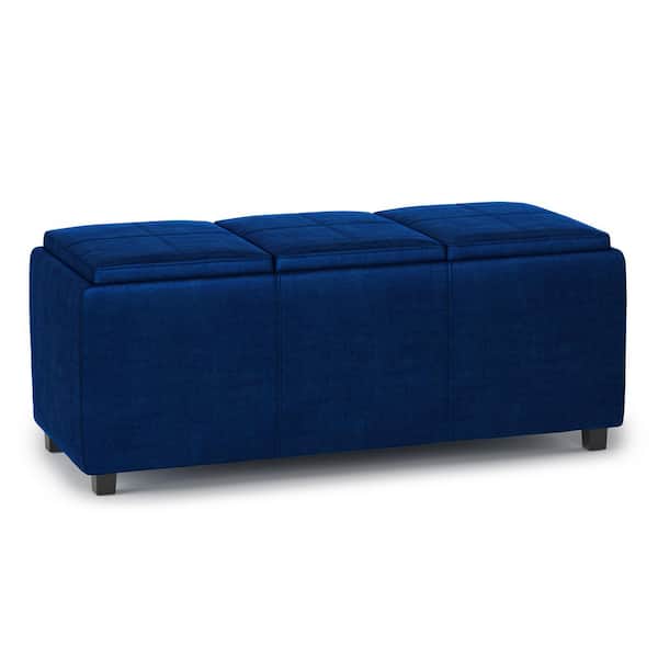 Simpli Home Avalon 42 in. Wide Contemporary Rectangle Storage Ottoman in Blue Velvet Fabric