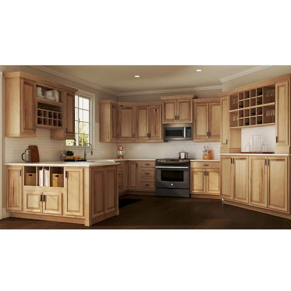 Hampton Bay Hampton 30 in. W x 12 in. D x 12 in. H Assembled Wall Bridge Kitchen Cabinet in Natural Hickory without Shelf KW3012 NHK The Home Depot