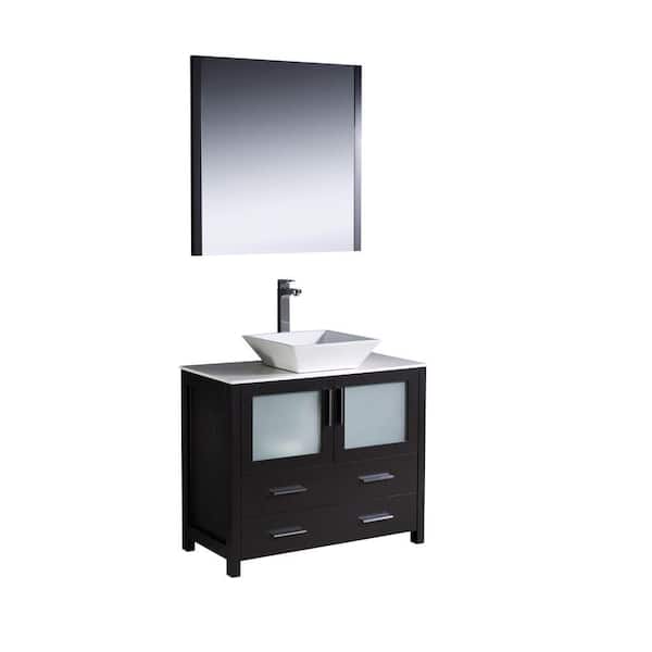 Fresca Torino 36 in. Vanity in Espresso with Glass Stone Vanity Top in White with White Basin and Mirror (Faucet Not Included)