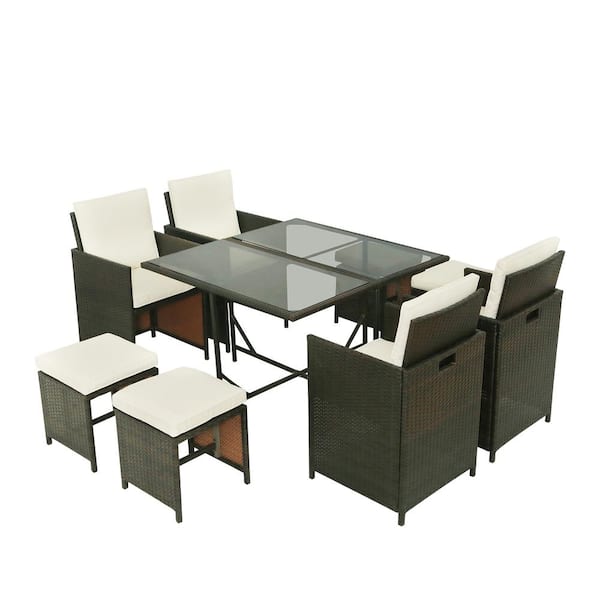 URTR Brown 9-Piece Outdoor Patio Furniture Set All-Weather PE Wicker Rattan Sofa Set with Dining Table, Chair & Beige Cushion