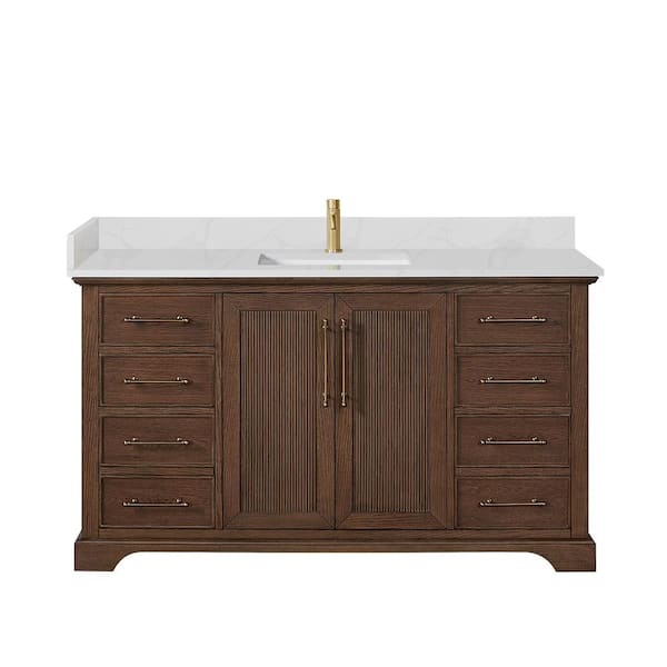 Tokyo 60 in.W x 22 in.D x 33.9 in.H Single Bath Vanity in Aged Dark Brown Oak with Silk White Quartz Stone Top