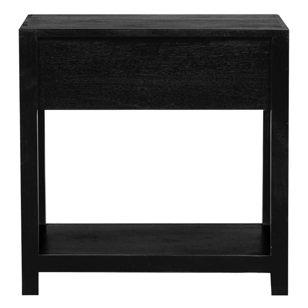 Tia 22 Inch Black Pine Wood Side Table with Rattan Drawer