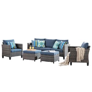 New Vultros Gray 5-Piece Wicker Outdoor Patio Conversation Seating Set with Blue Cushions
