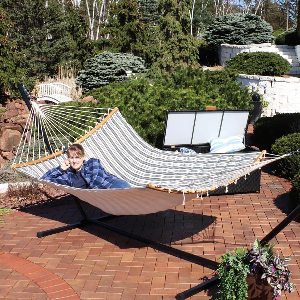 Beige Woven Polyester Hammock with Wooden Spreader Bars