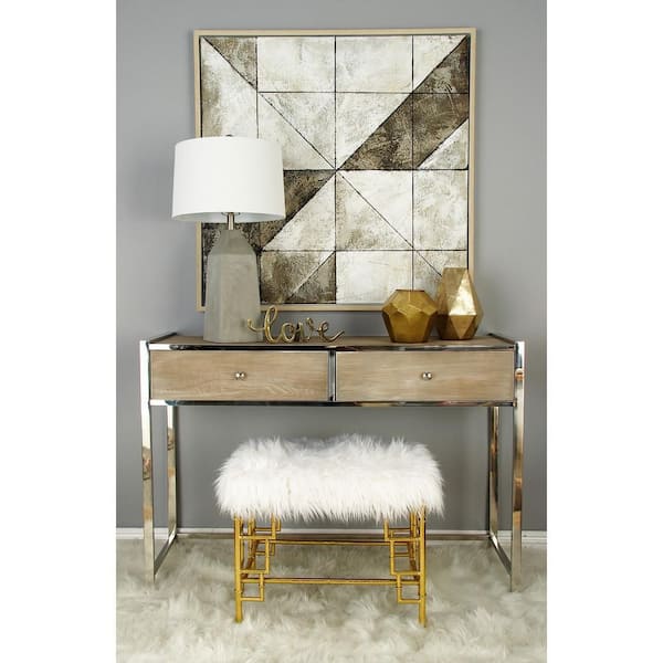 Litton Lane 19 in. Gold Metal Stool with Faux Fur