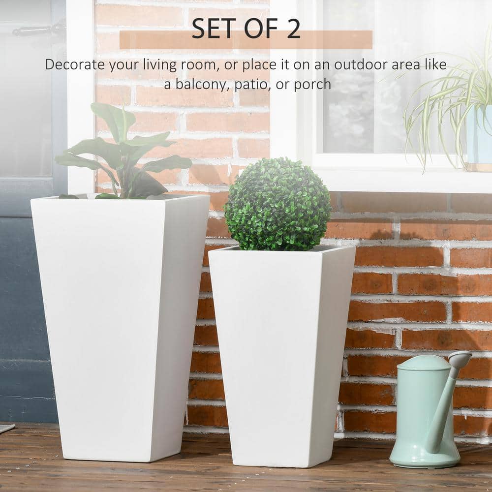 White MgO Tall Outdoor Planters with Drainage Holes, Set of 2