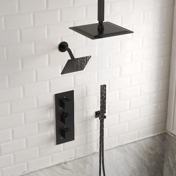 ZenithRain 5-Spray Square High Pressure with Dual Rainfall Showerheads Thermostatic Valve Included in Matte Black