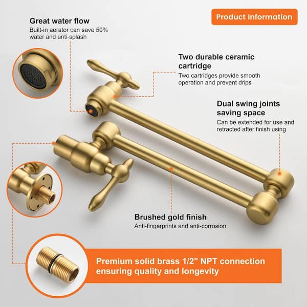 WHSHOWER Brass Pot Filler Faucet Wall Mount Commercial Stove Kitchen Folding Faucet With Double Joint Swing Arms,Brushed Nickel