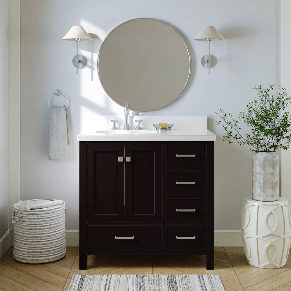 Cambridge Plumbing Espresso 36 inch Solid Wood Vanity with Glass Vessel Sink Set, Polished Chrome