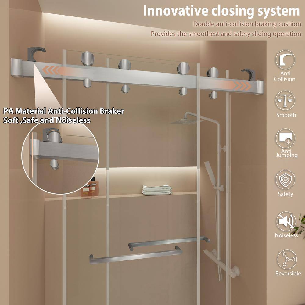 60 in Brushed Silver Frameless Double Sliding Shower Door
