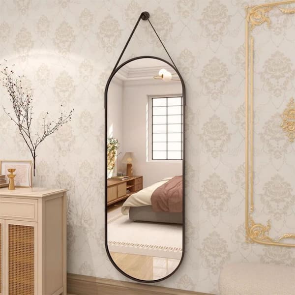 HOMLUX 16 in. W x 48 in. H Oval Framed Wall Bathroom Vanity Mirror in Black Decorative Modern Rust-Resistant Metal Frame