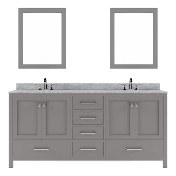 Virtu USA Caroline Avenue 72 in. W Bath Vanity in Gray with Marble Vanity Top in White with Square Basin and Mirror