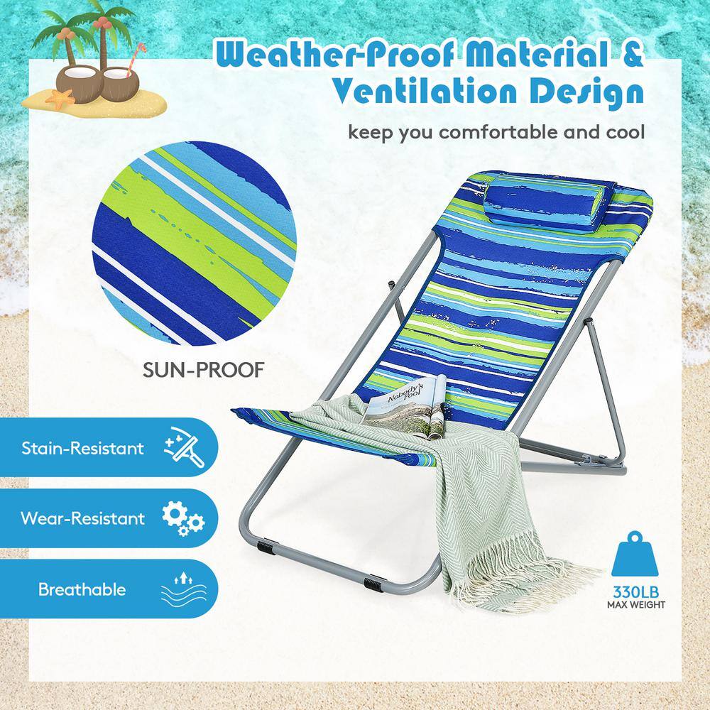 Blue Striped Folding Armless Camping Beach Chairs with Headrest, Set of 2
