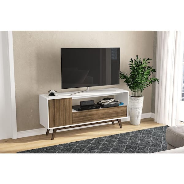 Unbranded Porto Seguro White and Walnut TV Stand Fits TV up to 65 in.