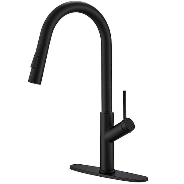 FLG Single Handle Pull Down Sprayer Kitchen Faucet with Advanced Spray Modern Brass Kitchen Sink Faucets in Matte Black