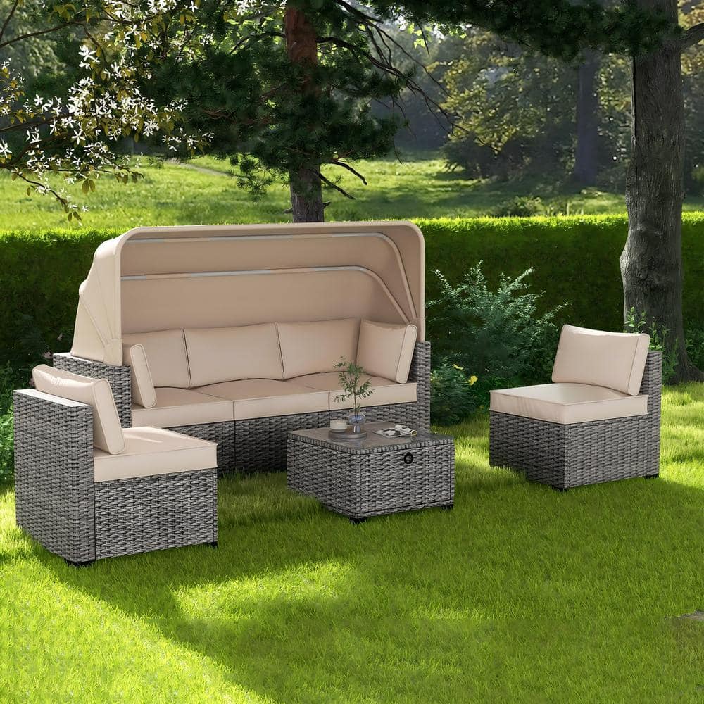 6-Pieces Outdoor Patio Rattan wicker Sofa Set with Retractable Canopy and A