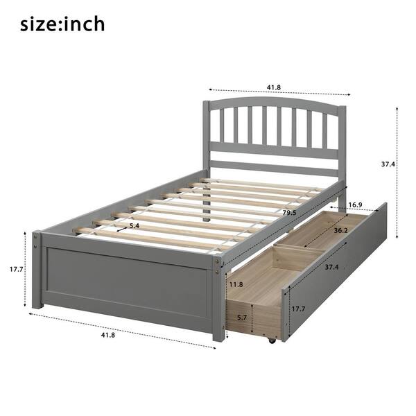 GODEER 79.50 in. W Gray Twin Platform Storage Bed Wood Bed Frame 