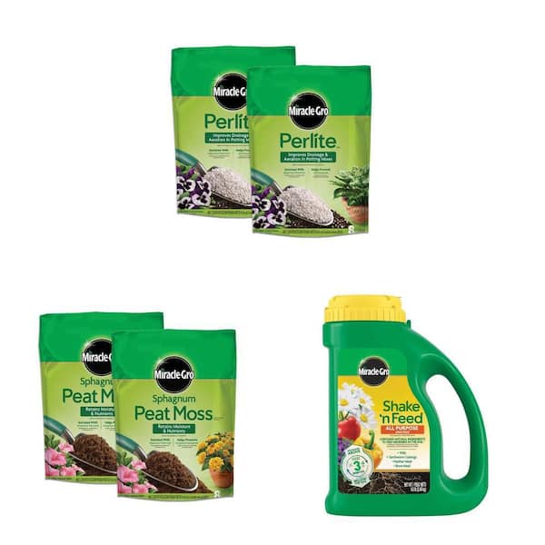 Sphagnum Peat Moss 8 qt, Perlite 8 qt (2-Pack), and Shake N Feed Plant Food 4.5 lbs Combo