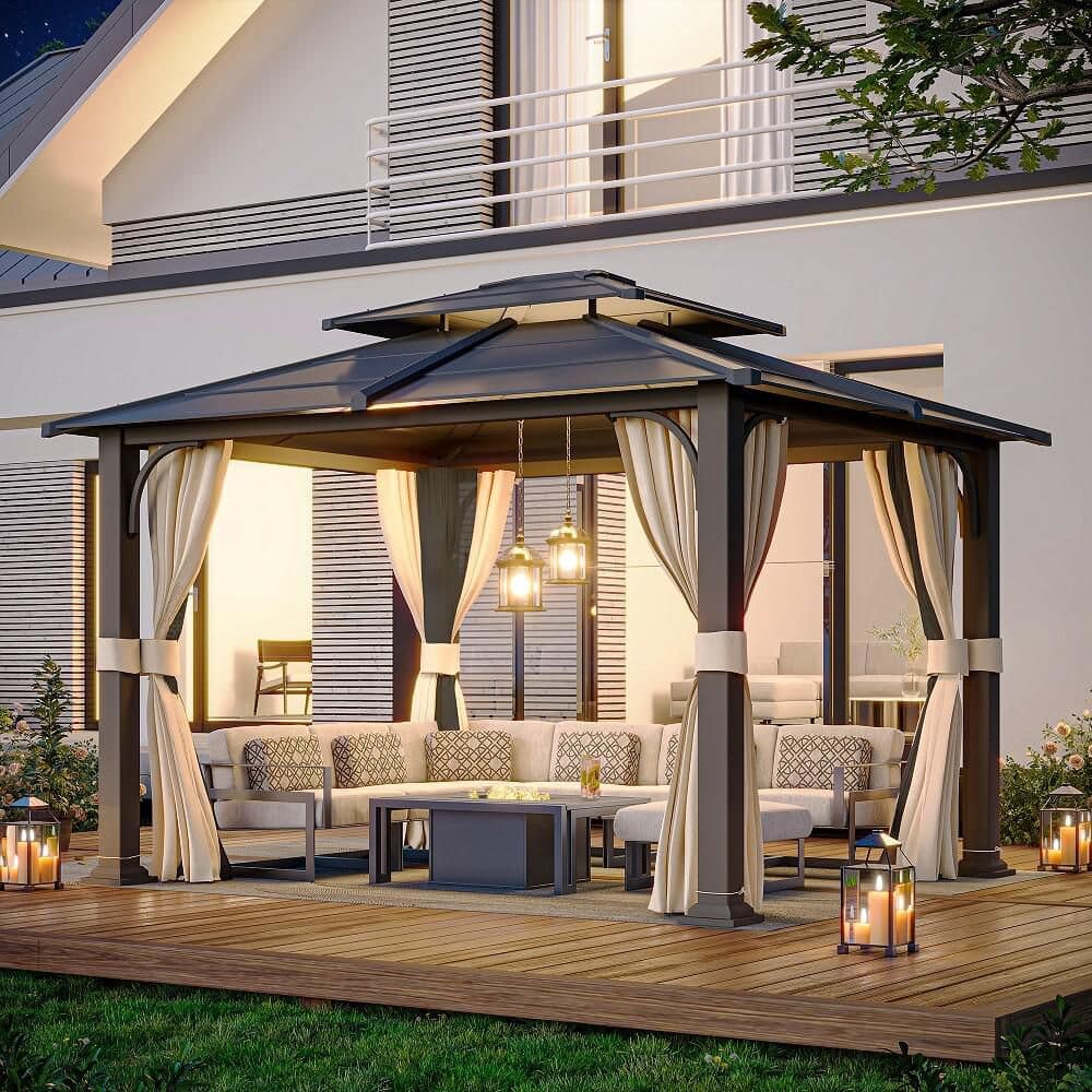 HOMMOW 10 ft. x 12 ft. Outdoor 2-Tier Hardtop Gazebo with Mosquito