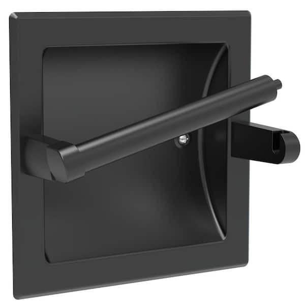 Matte Black Recessed Stainless Steel Toilet Paper Holder with Pivoting Arm for Large Rolls, Wall-Mounted