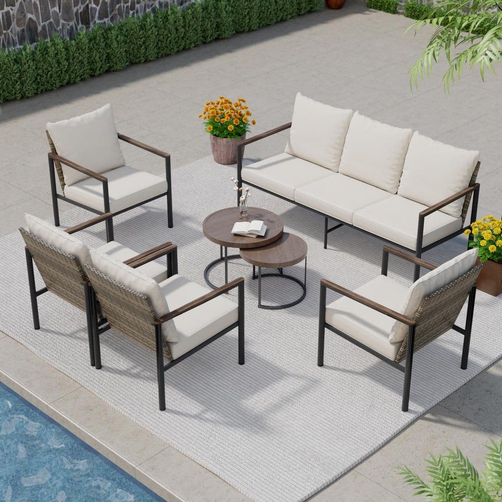 LATTOY 6-Piece Wicker Outdoor Pation Conversation Sofa Set Chaise ...