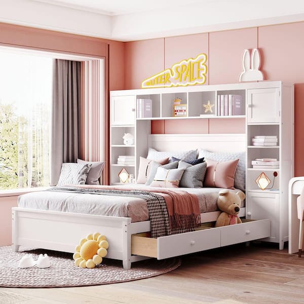 Simona White Wood Frame Full Size Platform Bed with All-in-One Cabinet, Shelf, Drawers