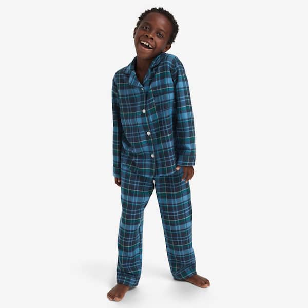 The Company Store Company Cotton Family Flannel Unisex Button Down 6/7 Blue/Green Pajama Set