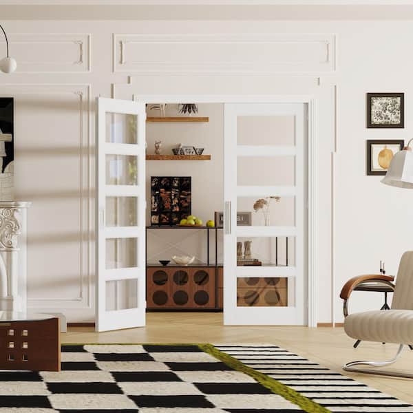 60 in. x 80 in. Solid Wood & MDF, 5 Lite, Clear Glass, White Pantry Door Interior Door Slab With Ball Catch & Top Latch