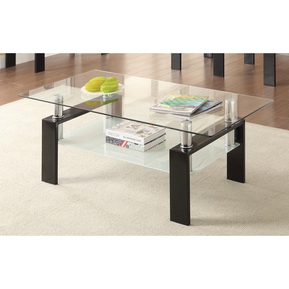 Black Rectangular Glass Coffee Table with Shelf