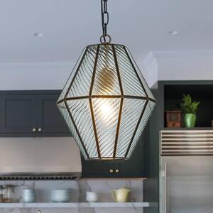 12 in. 1-Light Modern Industrial Geometric Small Lantern Pendant Light Ribbed Glass in Matte Black for Kitchen Island