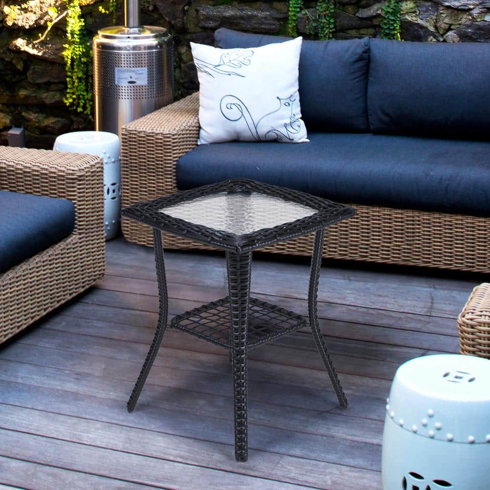 Black Wicker Outdoor End Table with Glass Top and Storage
