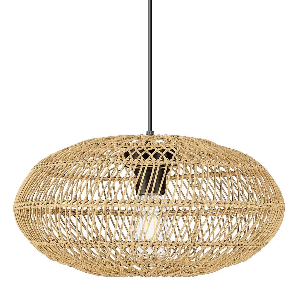 JAZAVA 15.8 in. 60-Watt Brown1 Light Large Wicker Pendant Light with ...