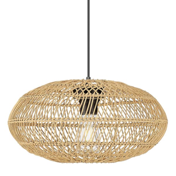 JAZAVA 15.8 in. 60-Watt Brown1 Light Large Wicker Pendant Light with ...