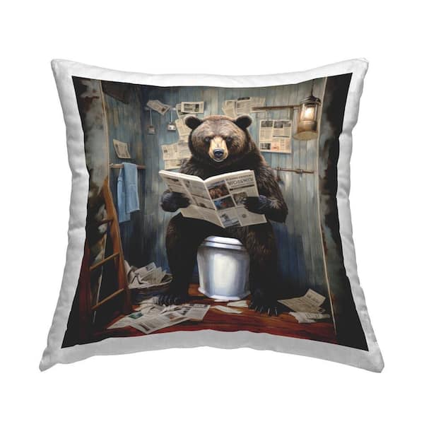 Stupell Industries Bear Reading on Toilet Gray Print Polyester 18 in. x 18 in. Throw Pillow