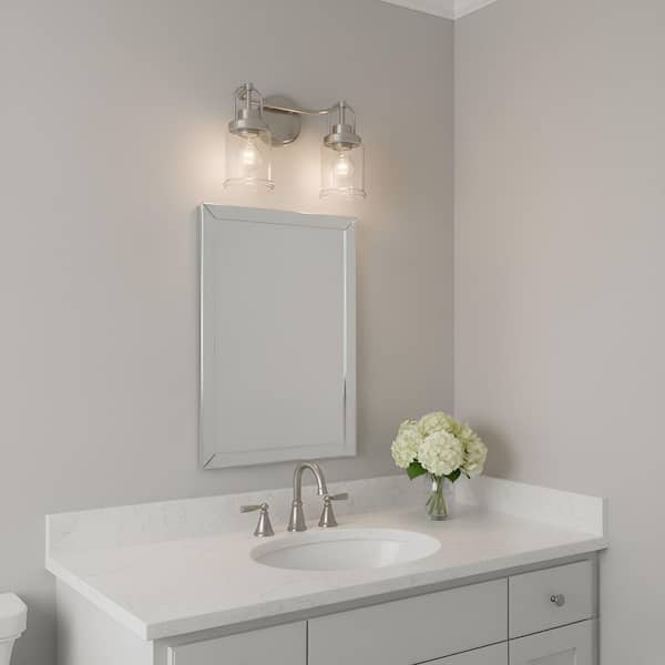 Studio Anders Medium 14 in. 2-Light Brushed Nickel Bathroom Bedroom Wall Vanity Light with Clear Glass Shades