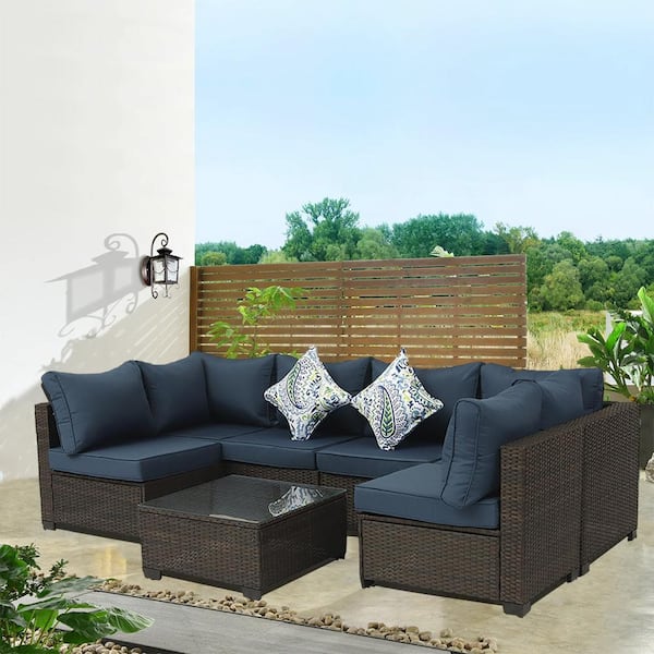 Runesay Outdoor Brown 7-Piece Wicker Patio Conversation Set with Dark Blue Cushions and Pillows