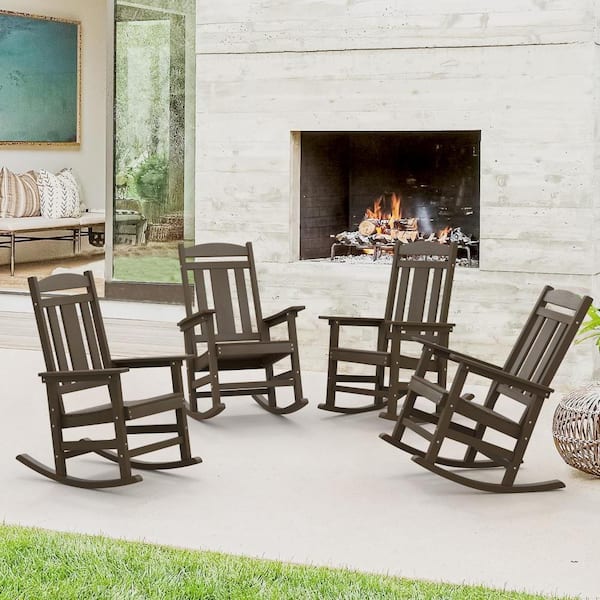 OrangeOne Hampton Coffee Brown Recycled Plastic Patio Adirondack Outdoor Rocking Chair Porch Rocker Patio Rocking Chair Set of 4