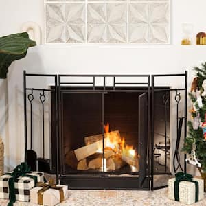 4-Panel Wrought Iron Fireplace Screen Fire Spark Guard Hinged Doors with 4 Tools