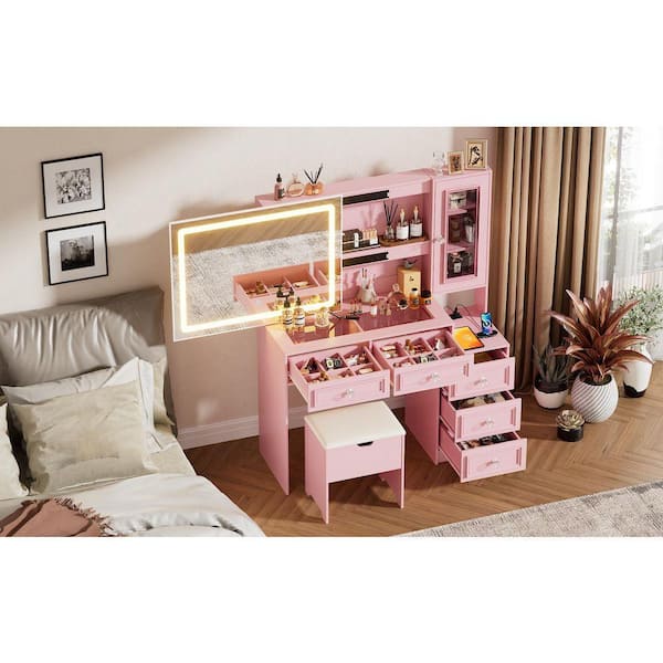 PAKASEPT Pink Makeup Vanity Sets with LED Lighted Mirror and Power