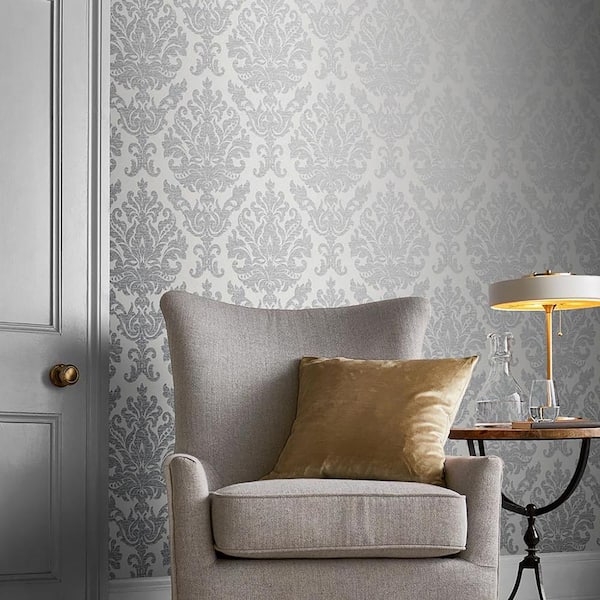 Antique Gris Grey Damask Paste the Wall Wallpaper