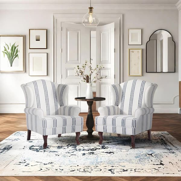 Stripe Navy Linen Wood Legs Upholstered Accent Arm Chair with Wingback (Set of 2)
